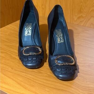 Salvatore Ferragamo Navy Heels with Gold Buckle
